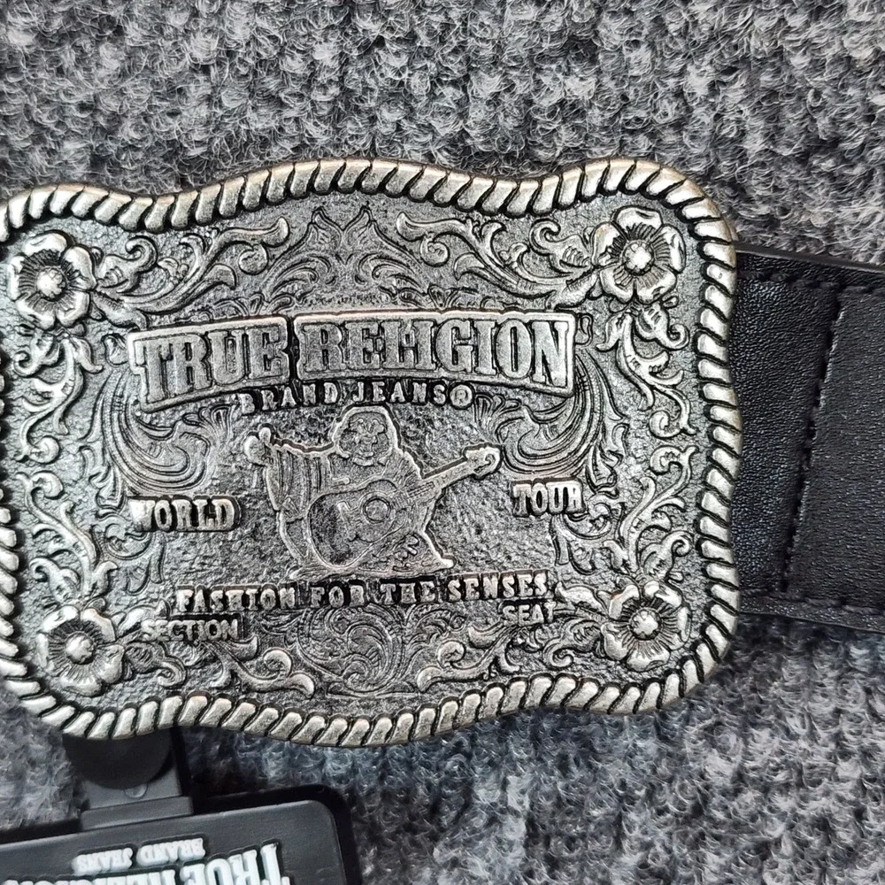 NWT True Religion Delano Plaque Buckle Black Bonded Leather Belt Size 36 Western